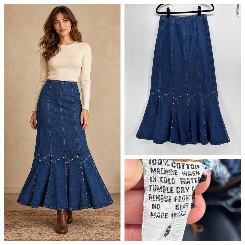 Vintage Denim Maxi Skirt Mermaid Trumpet Size Small Embellished Panels Country